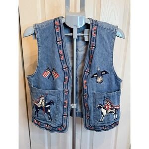 Womens Denim Vest American Flag Eagle Native American Embroidered‎ Patriotic